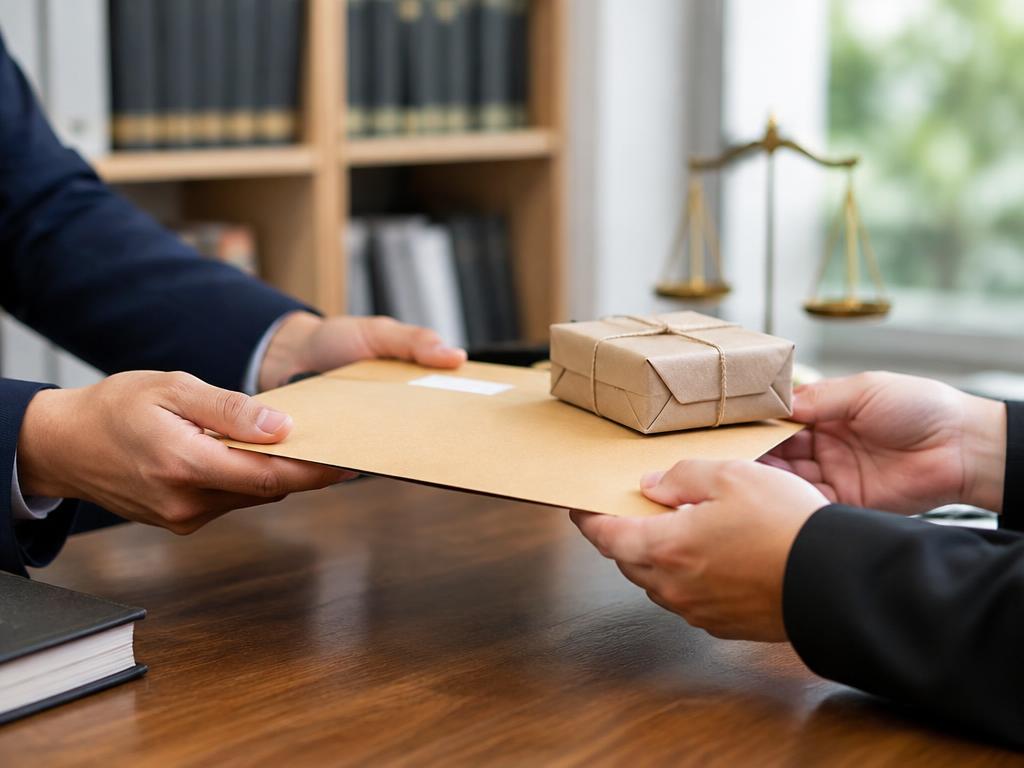Hands passing a sealed document envelope and small parcel across a desk