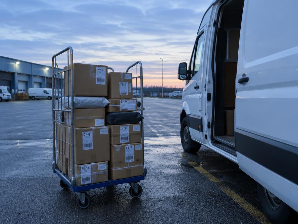 Labelled parcels on a trolley beside a van at dawn