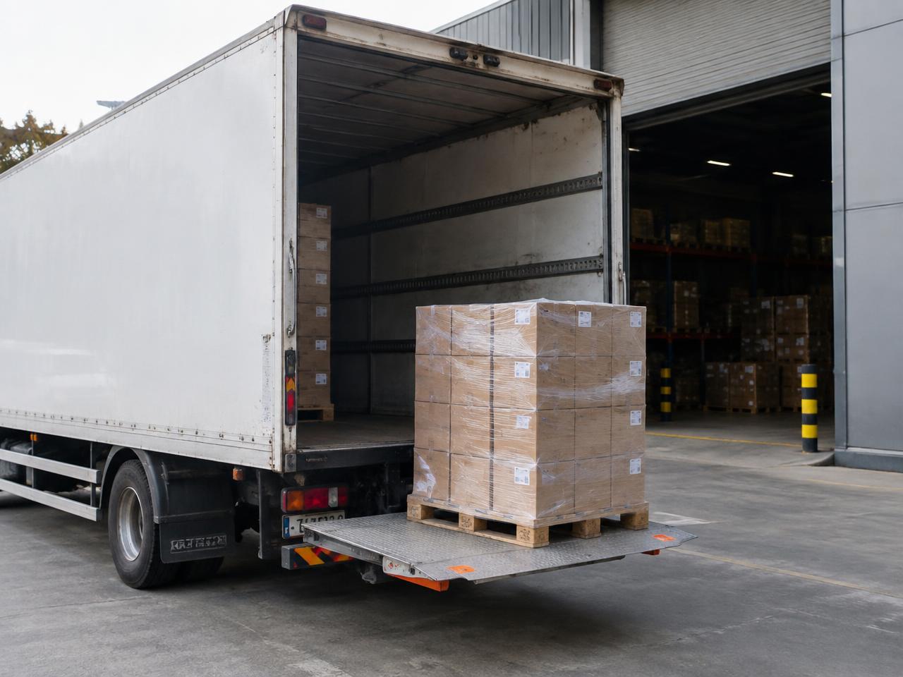 Shrink-wrapped pallet on a lorry tail-lift at a warehouse