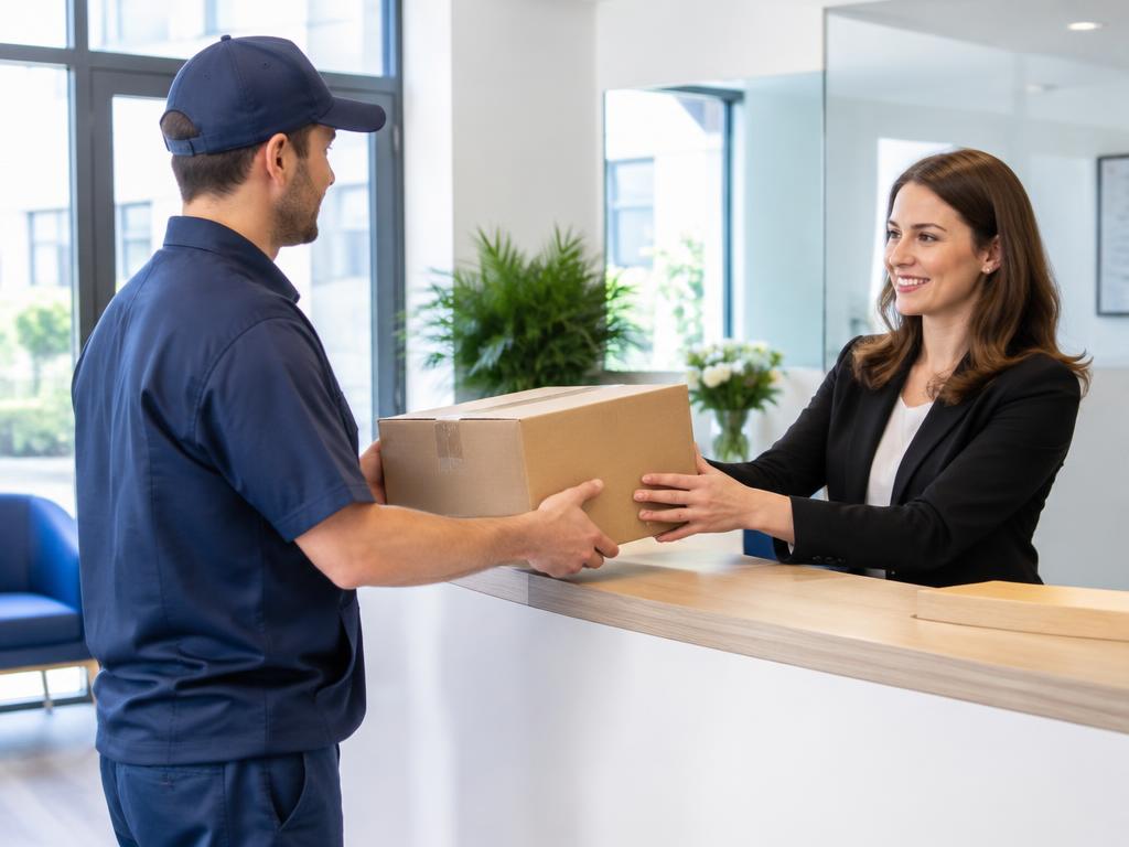 Courier handing a parcel to an office receptionist