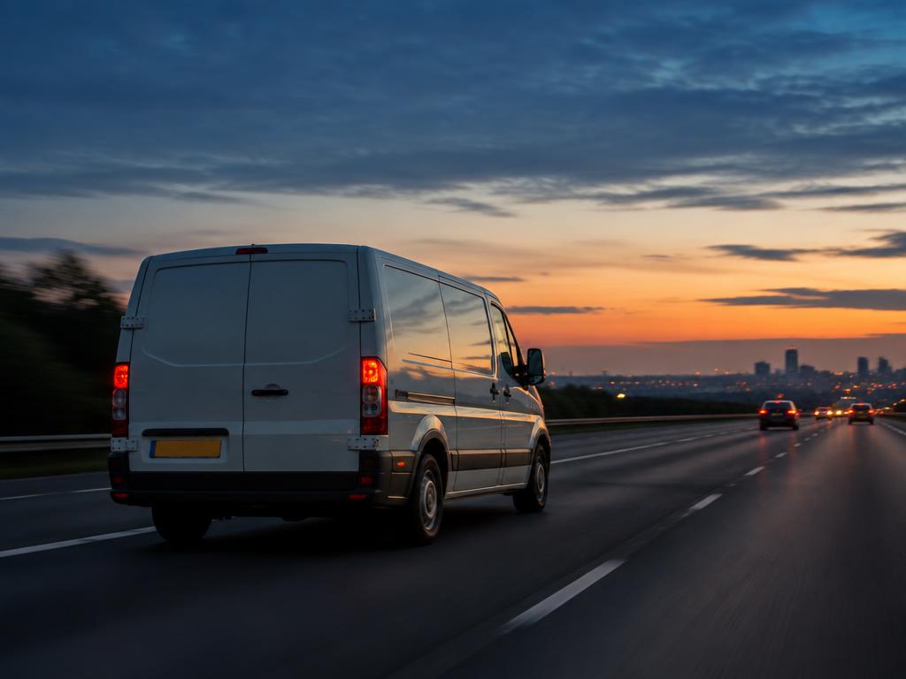 White van travelling on a UK motorway at dusk