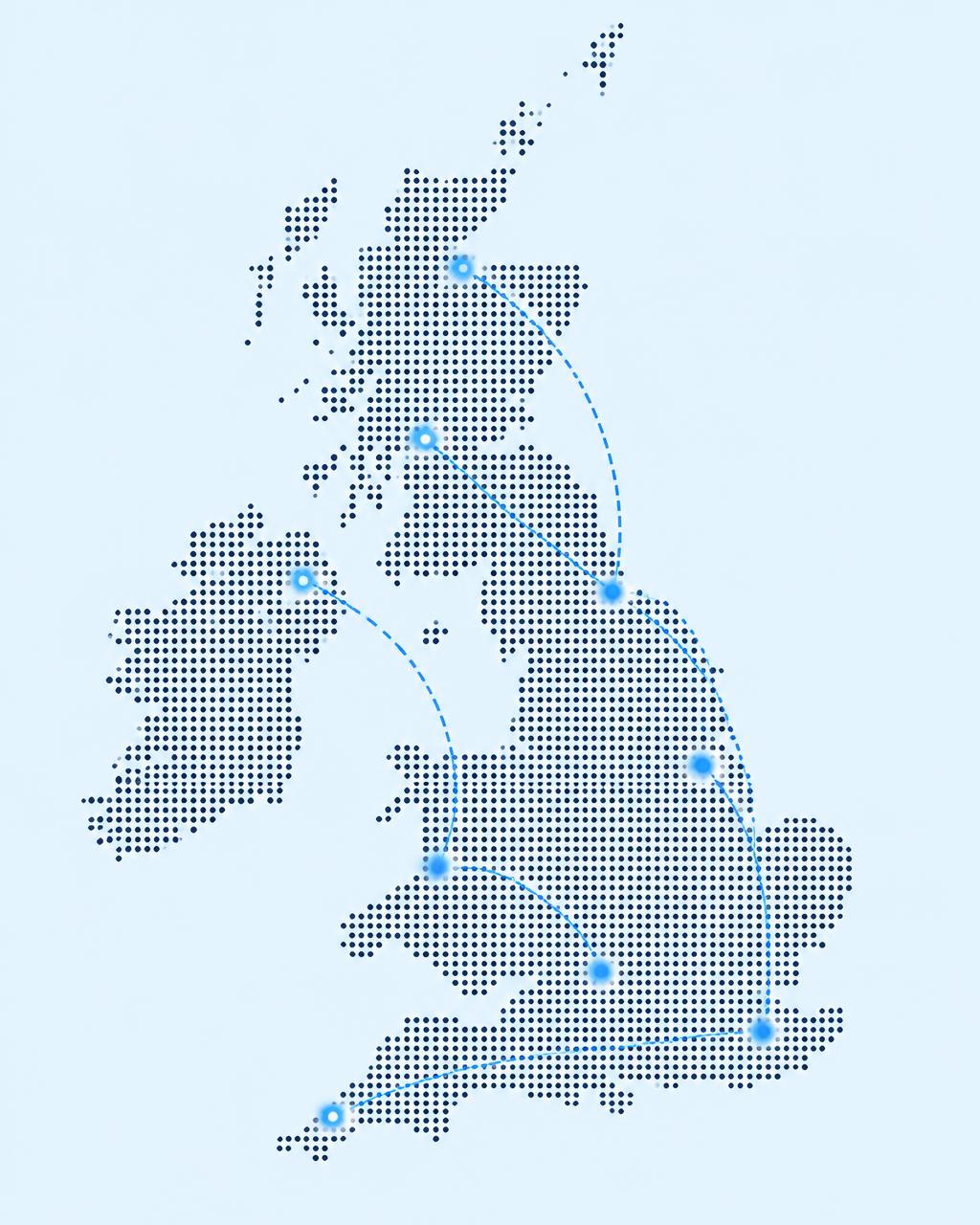 Stylised dot map of the UK with illustrative route lines
